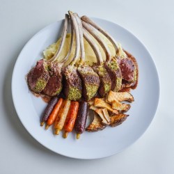 food-porn-diary:  [OC] I made herb crusted rack of lamb with a port wine reduction. By far my favorite meal to cook.