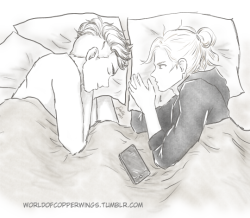 worldofcopperwings:worldofcopperwings:I’m a sucker for the “accidentally fell asleep in the same bed” trope and when it happened on @archangelruind‘s fic anywhere i go, there you are, I just had to make a quick sketch of it. *heart eyes* Every