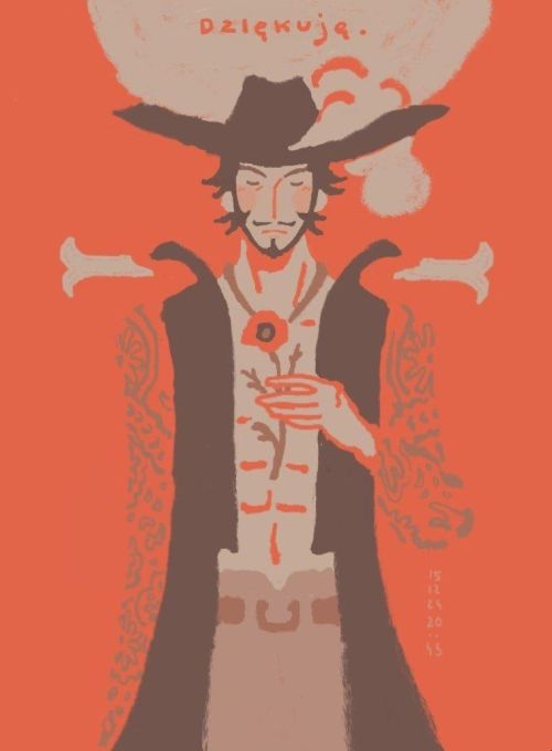 A digital drawing of Mihawk from One Piece. He is holding a poppy by his chest with his left hand.  His face looks calm, but there is a blush on his cheeks. On top of him there is a word "Dziękuję", which means "Thank you" in Polish.