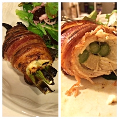sixpackoverbigmacs: Bacon Wrapped Asparagus stuffed Chicken Breasts Nutrition: 255 calories / 10g fa