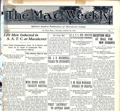 The Mac Weekly 100 years ago. The introduction of the Student Army Training Corps on campus was big 