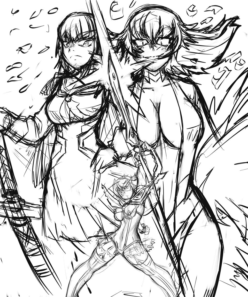dragoontequila:  Kill la kill fan art, sketch  my loves~ &lt;3 &lt;3 &lt;3