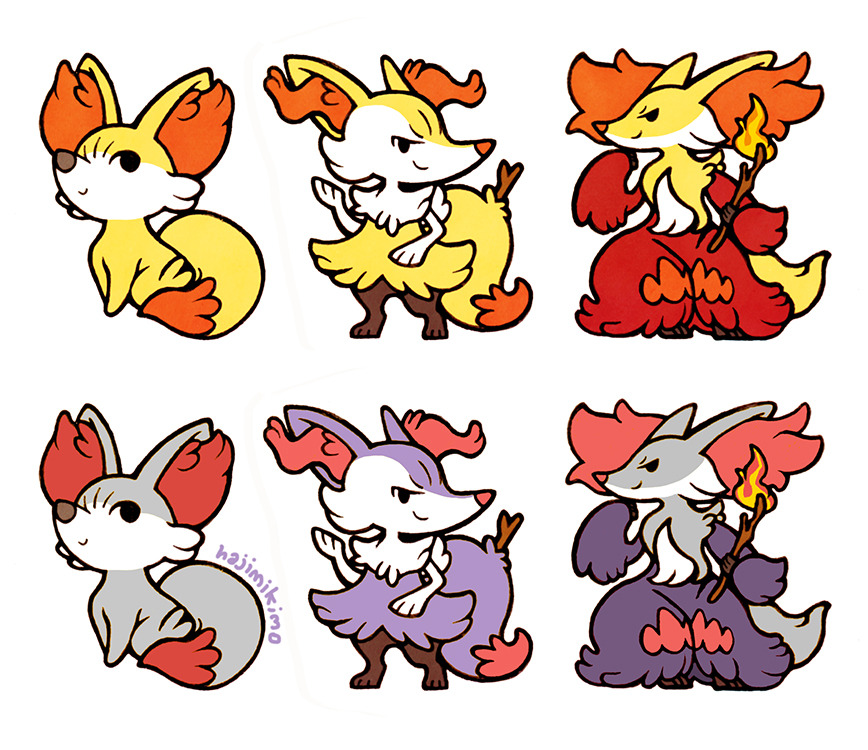 hajimikimoart:  More shinies. Shiny Fennekin, Braixen, and Delphox stickers now available
