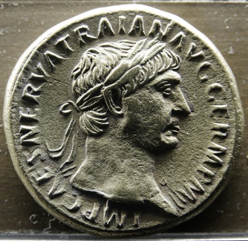 Coin of the Emperor Trajan (r. 98-117 CE).  Now in the Museum of Fine Arts of Lyon.  Photo