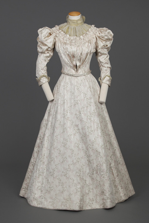 historicaldress:Bridesmaid Dress, 1896Cream silk brocade bodice and skirt with a pale pink and green