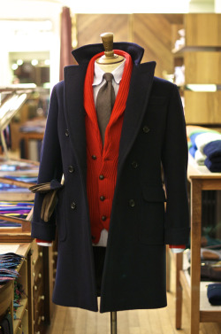 lifeofexcess:   drakes-london:  This season we have added two new colours to our Cashmere Shawl Collar Cardigans including Constellation Blue and Cardinal Red which has been styled above with our Double Breasted Wool Overcoat. We have also restocked all