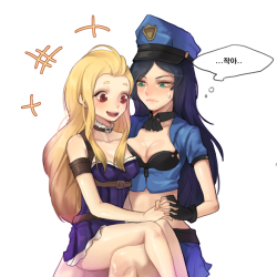 giji-p:  human nami wearing a Caitlyn clothing and Officer Caitlyn 