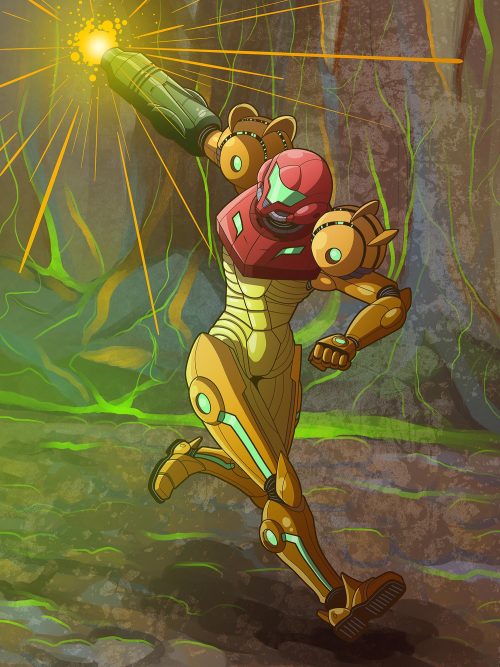  Samus Aran is wearing her Varia Suit armor and is blasting alien monsters below the surface of Plan