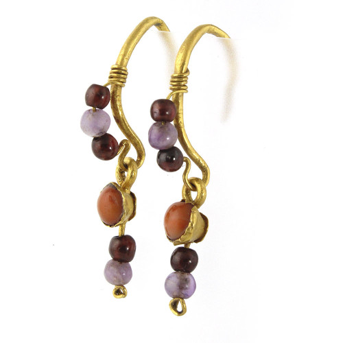 archaicwonder:Roman Earrings, 1st Century AD Made of gold, garnet, coral and amethyst