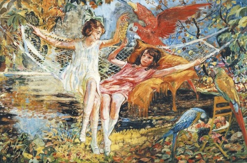 Camille-Nicolas Lambert (1874 - 1964)Jeunes filles dans un hamac avec perroquets