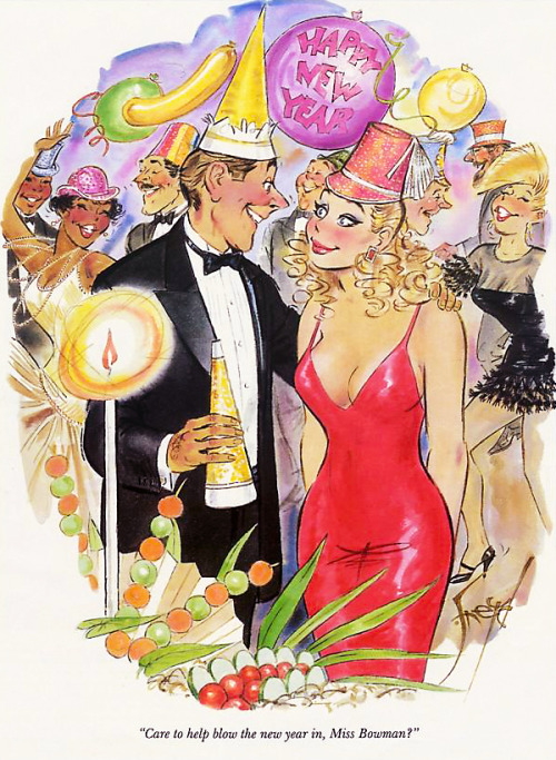 “Care to help blow the new year in, Miss Bowman?" Cartoon by Doug Sneyd for Playboy.