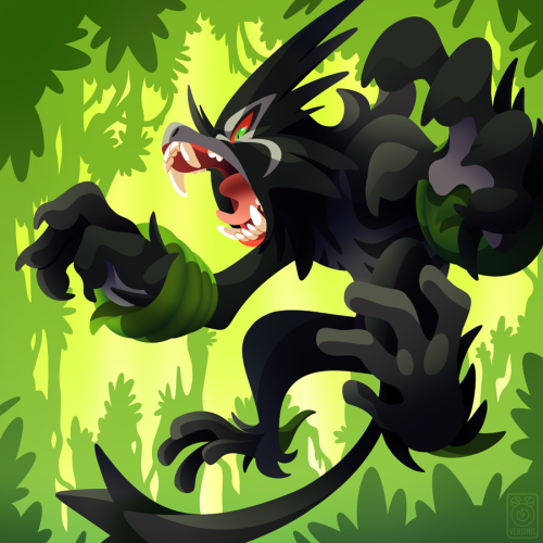 versiris:  Within dense forests, Zarude lives in a pack with others of its kind. It’s incredibly aggressive, and the other Pokémon of the forest fear it.