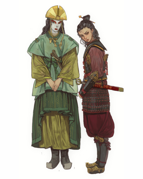 Artwork I commsioned from @mossacannibalis of Kyoshi and Rangi in Japanese and Korean clothing, resp