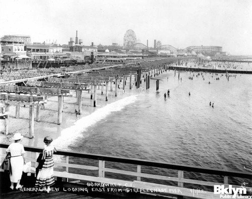 newyorkthegoldenage:Coney Island beach and the boardwalk under construction, 1922, looking east from