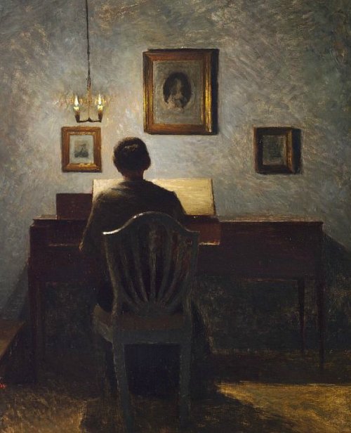 Interior with a Lady at Her Spinet, Evening Light (1904). Peter Ilsted (Danish (1861-1933). Oil on c