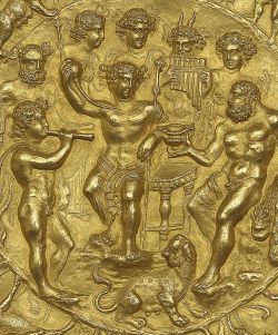 boysnmenart:  Offering Bowl with Bacchus, Hercules, and Coins (detail), Roman, about A.D. 210; gold 