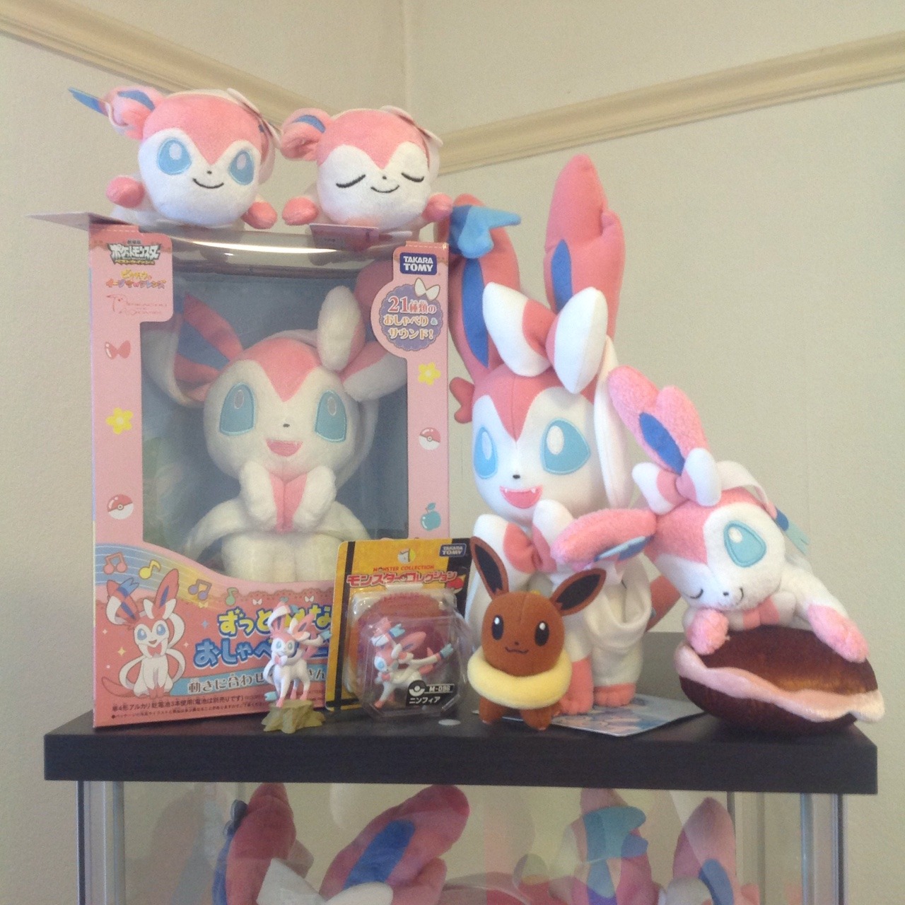 yoshijoshii:  My Sylveon collection so far! I love the pink fairy fox.   And I wonder