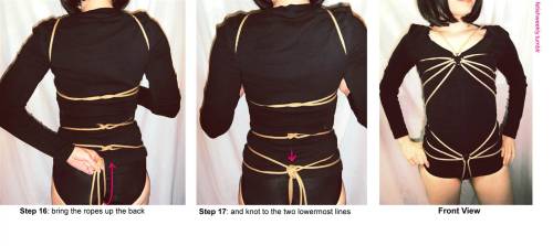 fetishweekly:Shibari Tutorial: Spider String Bodysuit (The rings are just shower curtain rings you c