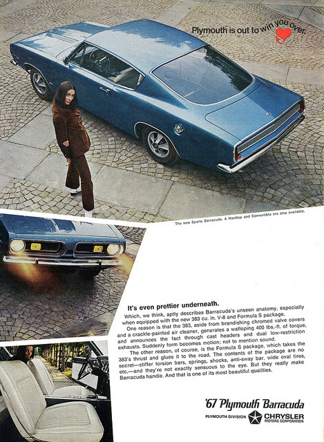 lost-albion:  Plymouth Barracuda on Flickr.Via Flickr: Advert from Playboy magazine, March 1967. The car was produced between 1964 and 1974, this being a second generation model.