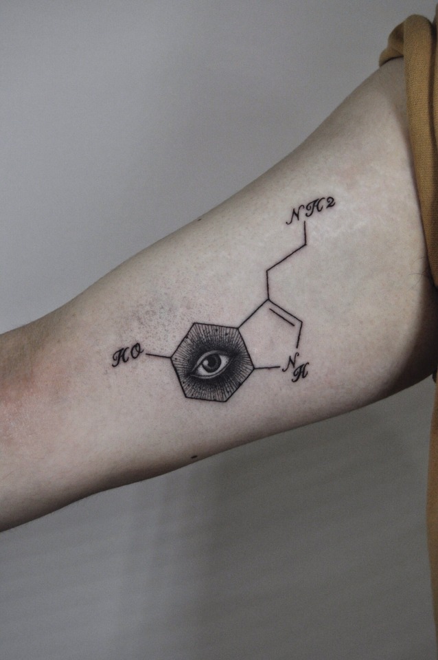 Serotonin chemical structure tattoo located on the