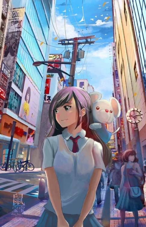 An original piece featuring my own characters strolling through the streets of Tokyo :) The little m