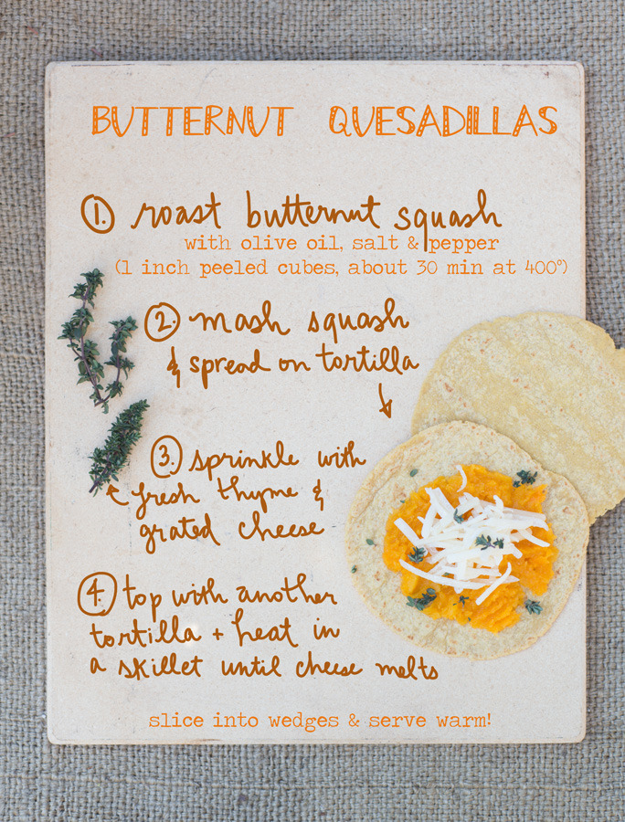 forestfeast:  Corn tortilla quesadillas filled with mashed roasted butternut squash,