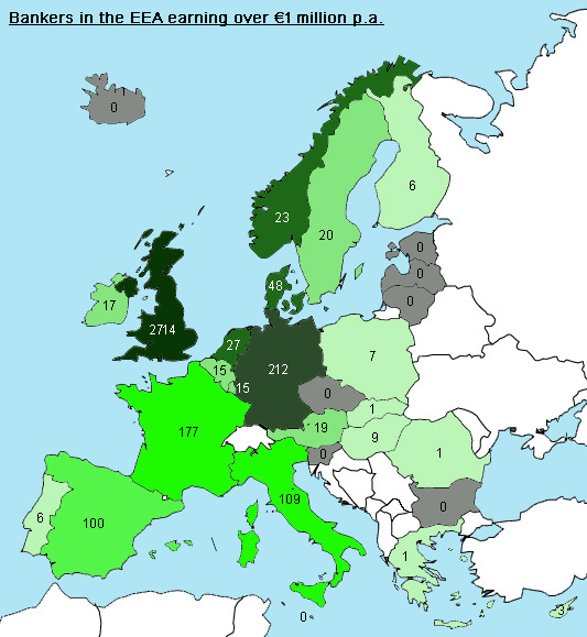 Bankers in the EEA earning €1 million+ p.a.
[[MORE]]
eurocrat97:
“  Shades of green obviously relate to number of bankers, not going to bother posting it because the numbers are also on it. Just a visual aid.
”