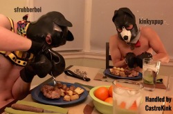 sfrubberboi:  Puppies get very hungry after playtime. Although a bit difficult to eat with puppy paws! 🐾🐶 Play with @kinkyxpup and handled by @castrokink. 