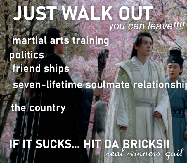 a meme with a photo of jing beiyuan, text reads: just walk out you can leave! martial arts training politics friend ships seven-lifetime soulmate relationshi- the country if it sucks...hit da bricks!