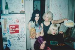 witchbabyyy:&ldquo;L7 in another filthy dressing room somewhere in Europe, 11/23/94.A pineapple and a plate of butter were mysteriously on our rider that night.” 