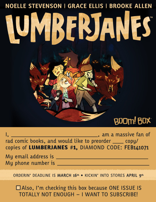 gingerhaze:Guys! LUMBERJANES #1 is coming out April 9th! As you may recall, LUMBERJANES is a story a