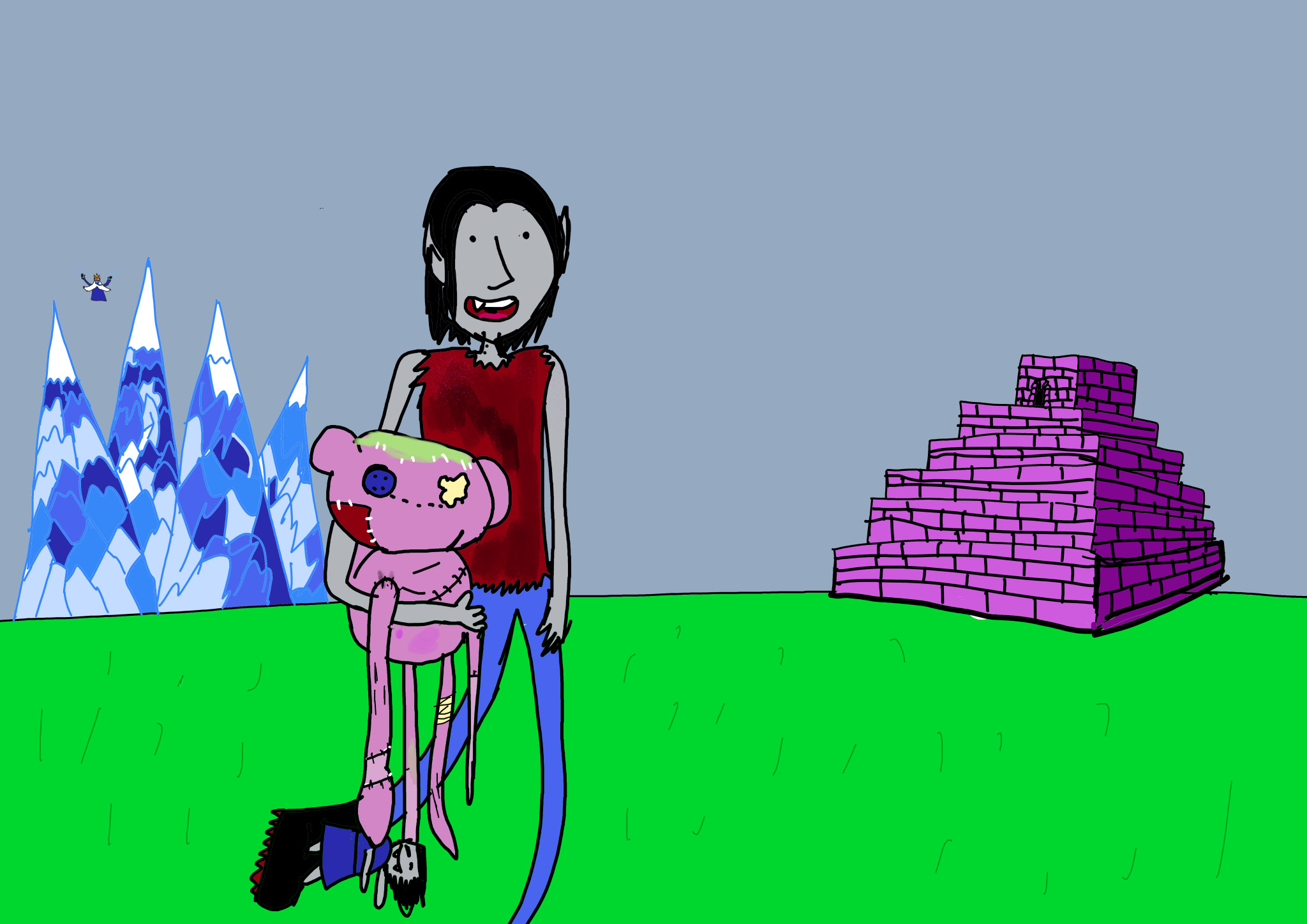 Marceline floating around OOod between the Ziggurat and the Ice Kingdom holding Hanbo holding a smaller marceline plushie.