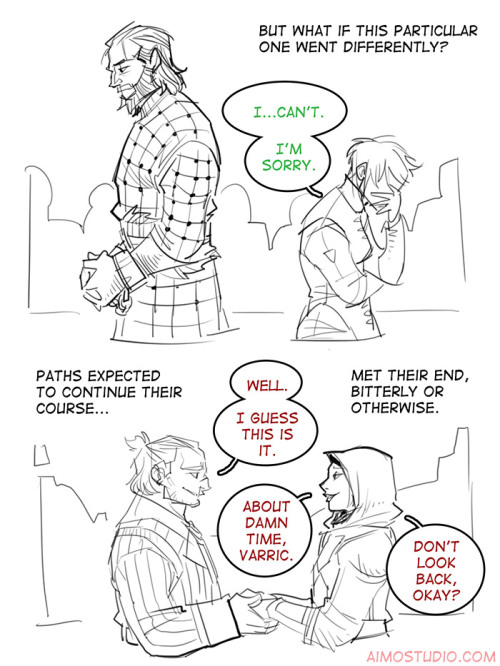 momochanners:Finally doubled-down and finished the Hot Romancible Varric AU comic that won the poll 