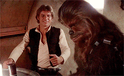 carriefishers-archive:  Han turns to his companion, CHEWBACCA, an eight foot tall, savage-looking creature resembling a huge gray bush-baby monkey with fierce “baboon”-like fangs.  His large yellow eyes dominate a fur-covered face and soften his