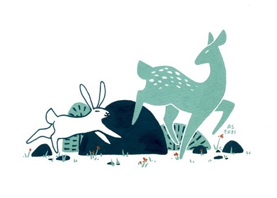 A rabbit and a fawn frolic together. 
