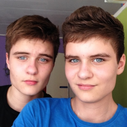 killthecolonist:  fuckyeahftms:  Hey guys! We are identical twins and we are both FTM. We just wanted to post a picture of us together! (: (left one 9 months on T. Right one 7 months on T, due some medical reasons) Have a nice day :)  This is fantastic,