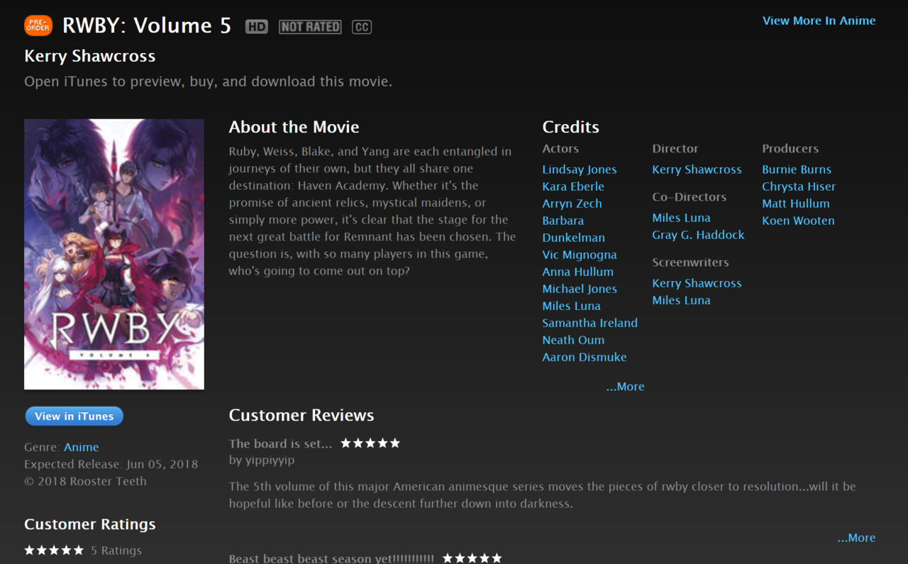 rwby-analysis: iTunes release date for RWBY Volume 5 is June 5th. The tracklist for