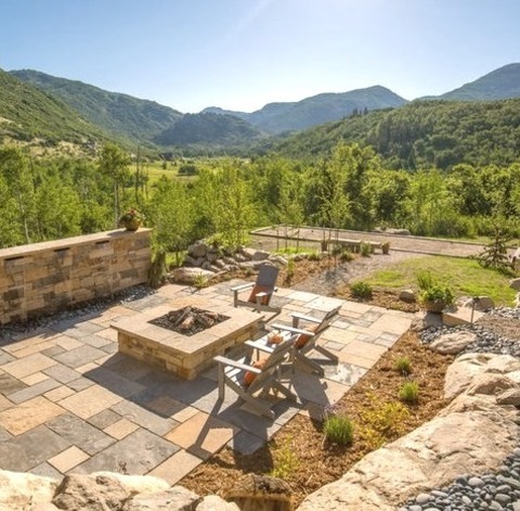 Tile DenverPatio - Large Transitional Backyard Tile Patio Idea With A Fire Pit And No Cover