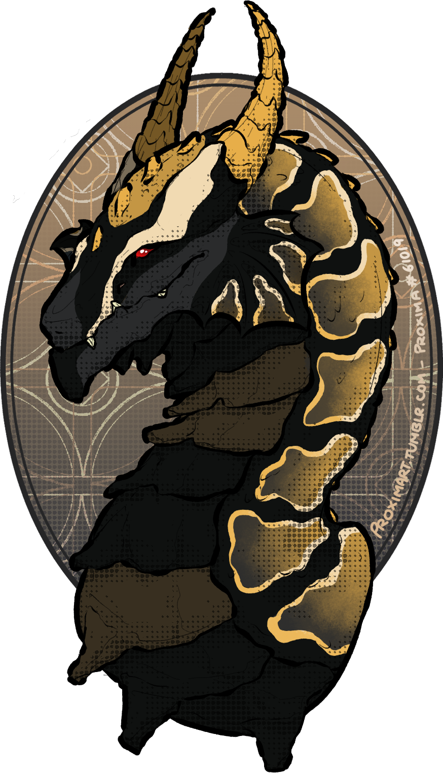 bust of a Flight Rising guardian dragon, drawn in a semi-realistic style with halftone shading. this one has the gold pharoah gene, and the background is grey-framed oval with golden tile patterns overlaying a cream and grey gradient.