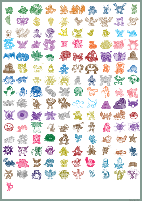 suave-groudon:I drew all 151 Kanto Pokémon without visual reference.What I loved most about doing so