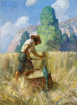 shear-in-spuh-rey-shuhn:N.C. WYETH  Robinson Crusoe and His Grain Field  Oil on Canvas  40.75″ x 30.25″