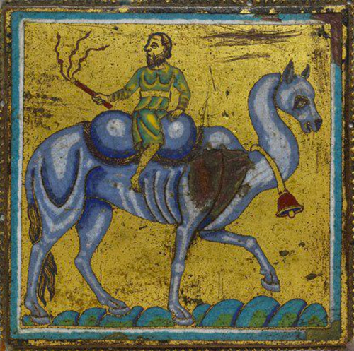 magictransistor: The Rolls Plaques. Alexander in Chariot, Man Riding Camel, Samson Fighting Lion. Meuse Valley. 1160. The Rolls, or Llangattock Plaques are a brilliant example of the art of enamelling as practised in the 12th century in the area around