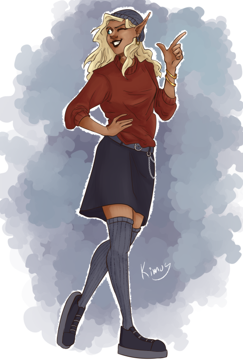 kimostv:miss taaco……..[ID: digital drawing of lup, a tall, lean elven woman with tan skin and long b