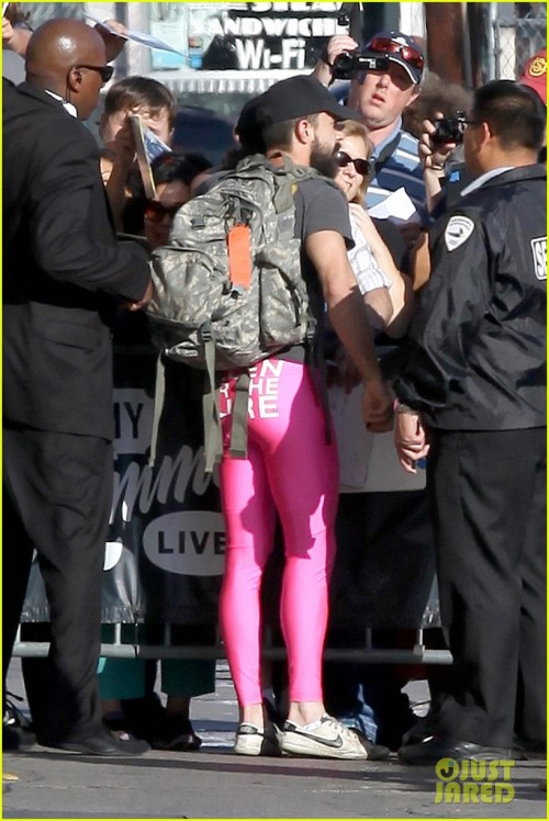 Shia LeBouf taking Ellen’s challenge to get photographed in these pants for a donation to brea