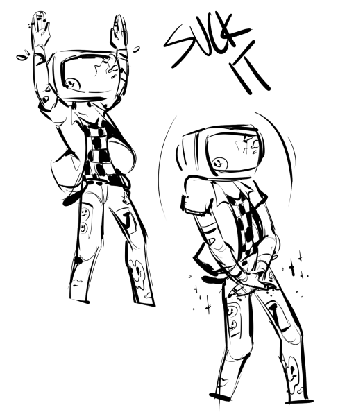 Recent sketches of my TV-head oc Vinnie-and my friend’s lemon-head character Ilis @satuen-ikeavoid(S