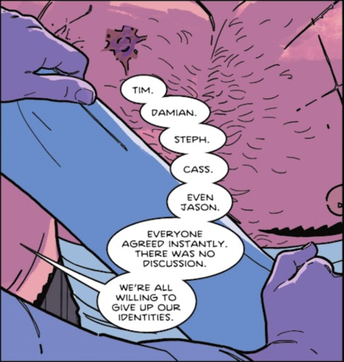 Babs' hands are holding a bandage, getting ready to wrap Dick's shirtless torso. Speech bubbles from Babs reads: "Tim. Damian. Steph. Cass. Even Jason. Everyone agreed instantly. There was no discussion. We're all willing to give up our identities."