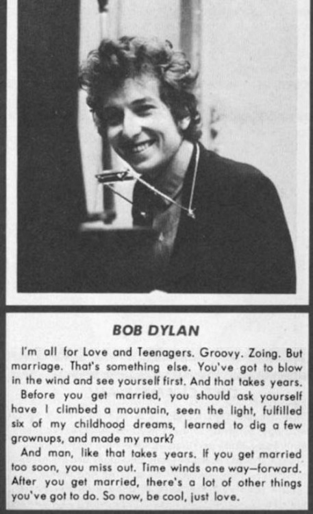 soundsof71: Time winds one way. Forward. So now, be cool, just love. ~ Bob Dylan (Bob’s marria