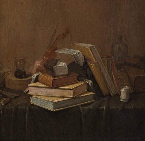 oldpaintings:Still life with books, 1658 by Gerrit van Vucht (Dutch, 1610–1697)  