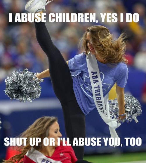 Image: Five memes made from a photograph of a cheerleader on a field, wearing a blue puzzle piece “a