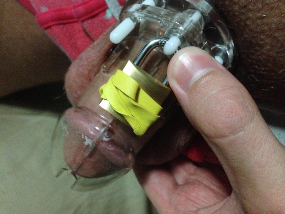 whiteboysub:  My first full day locked back up.  I think I need a smaller cage 